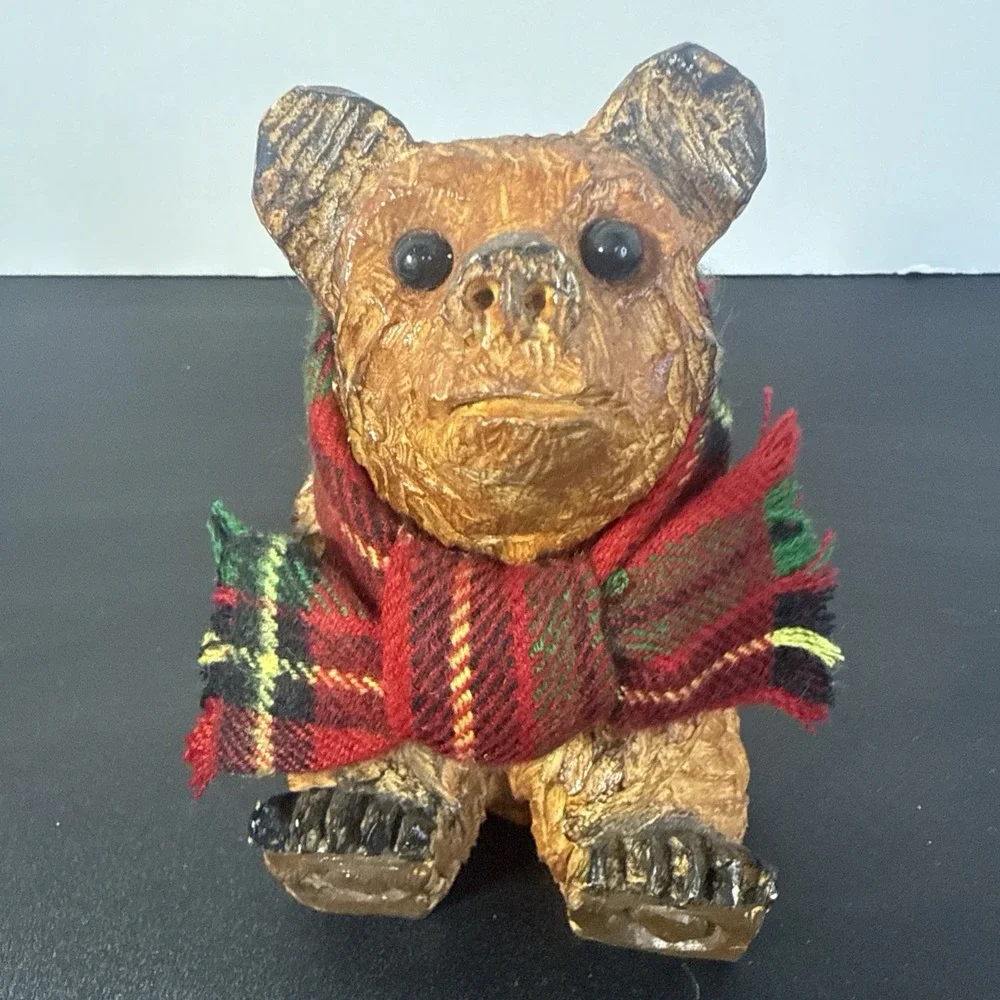 Grizzly Bear Figure Carved‎ Look Resin Wearing A Plaid Scarf Pre Owned